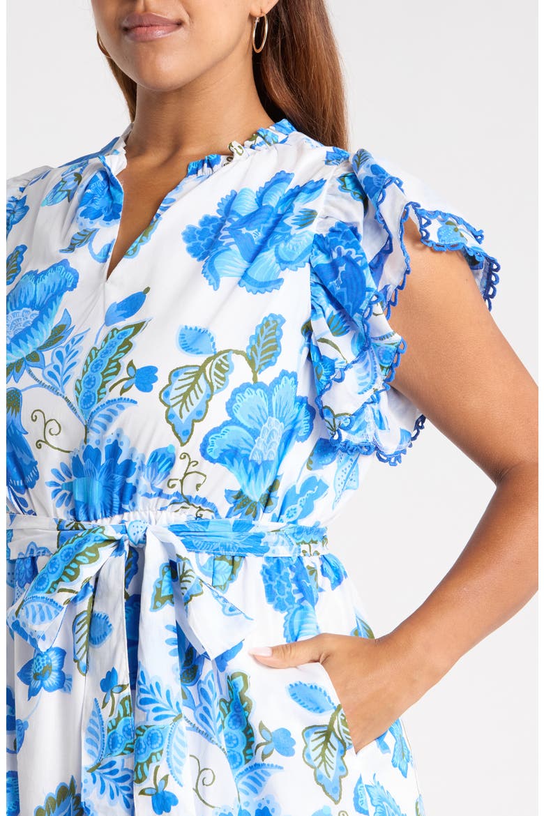 Samian Eriny Floral Ruffle Cotton Dress, Alternate, color, WHITE BLUE GREEN
