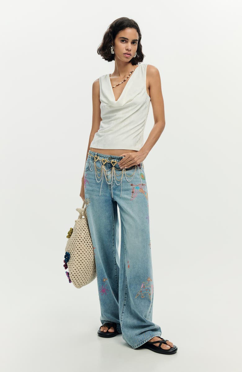Desigual Beaded Wide Leg Jeans, Alternate, color, Light Blue