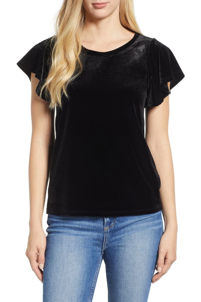 Gibson x Glam Squad Velvet Flutter Sleeve Shirt (Nordstrom Exclusive), Main, color, BLACK