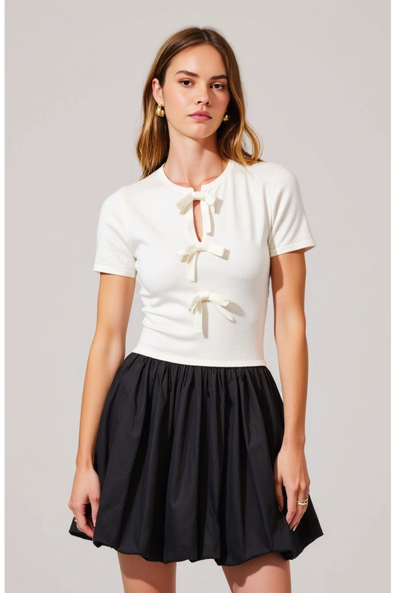Short-Sleeve Knit and Poplin Mini Dress, Main, color, White / Black