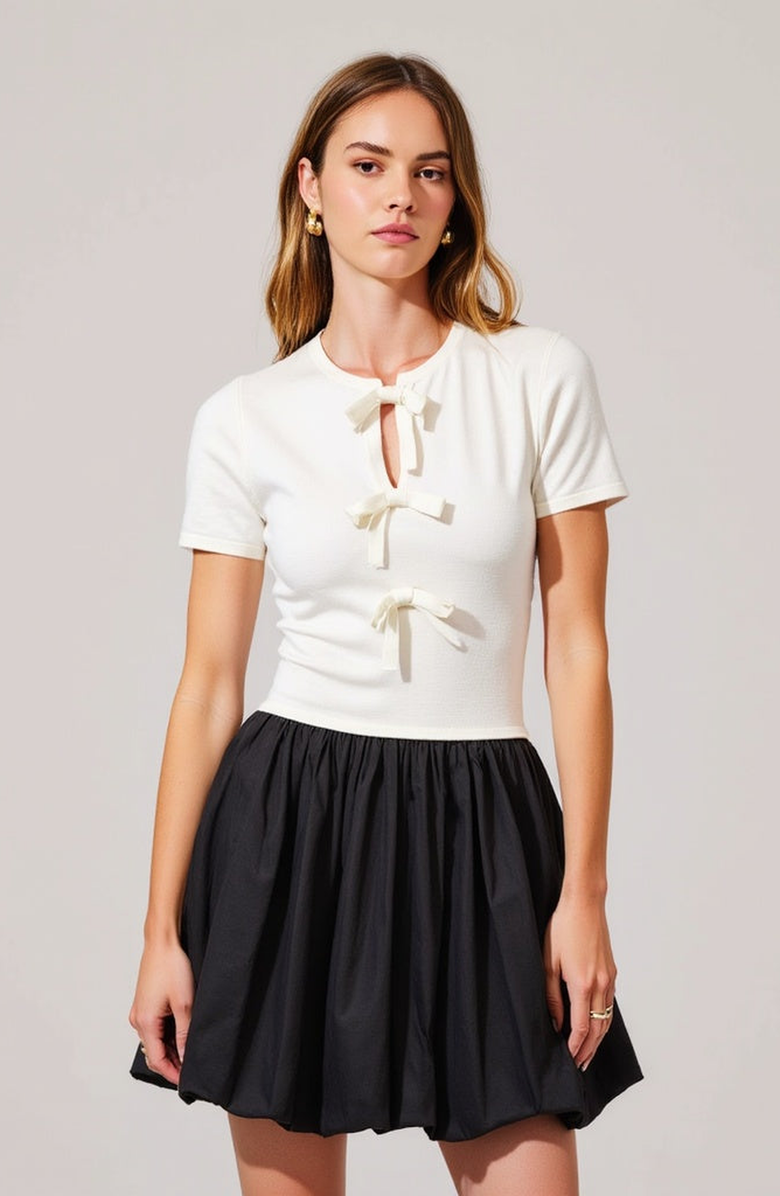 Modenaire Short-Sleeve Knit and Poplin Mini Dress, Main, color, White / Black