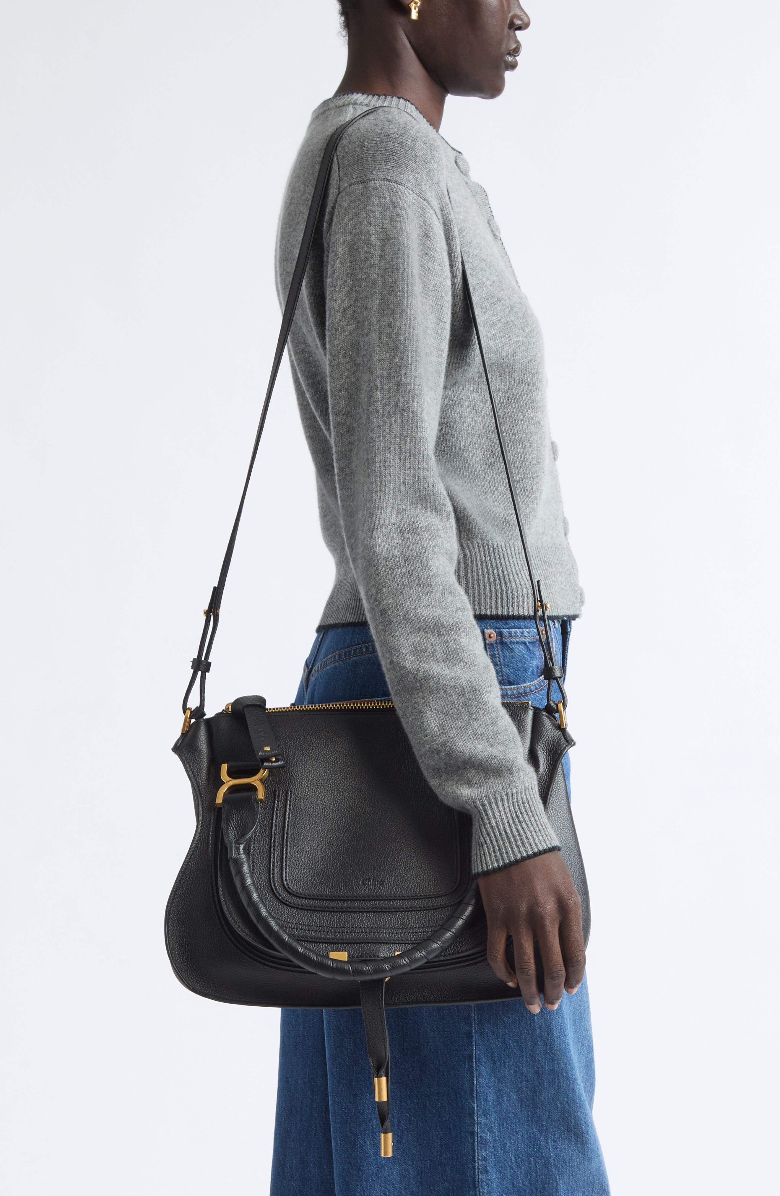 Medium Marcie Leather Satchel, Alternate, color, BLACK