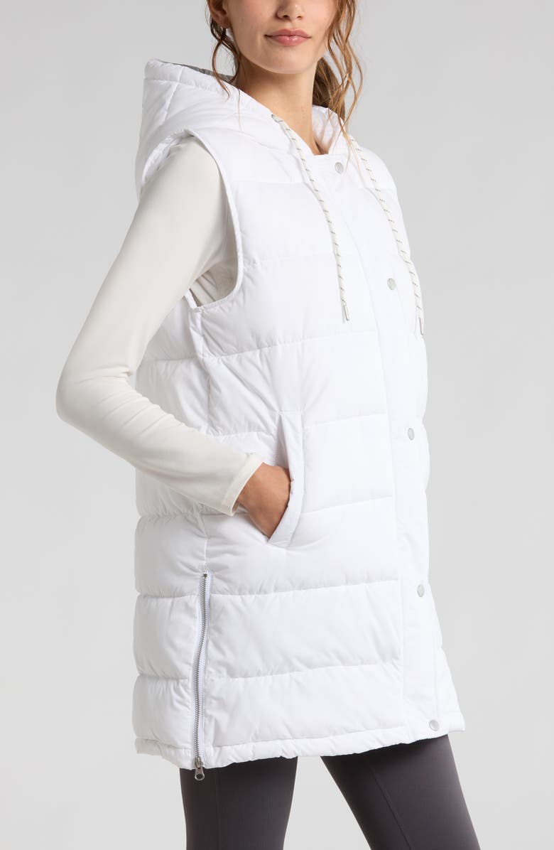 Zella Long Hooded Puffer Vest, Alternate, color, White