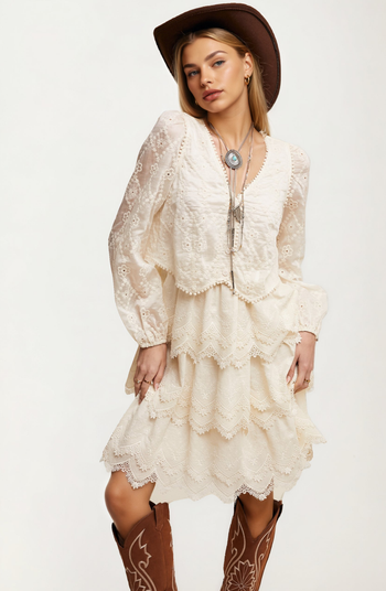 Tiered Scalloped Hem Long Sleeve Lace Dress