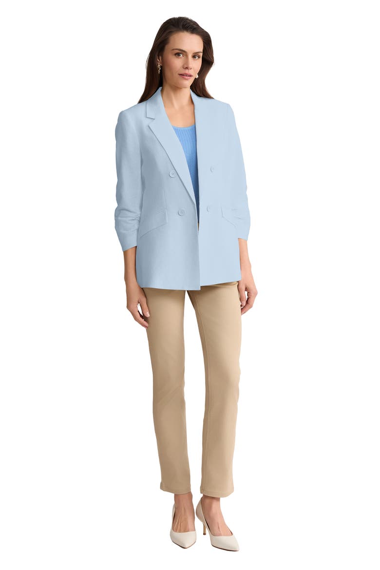 Scrunch Sleeve Faux Double Breasted Linen Jacket, Alternate, color, BREEZE BLUE