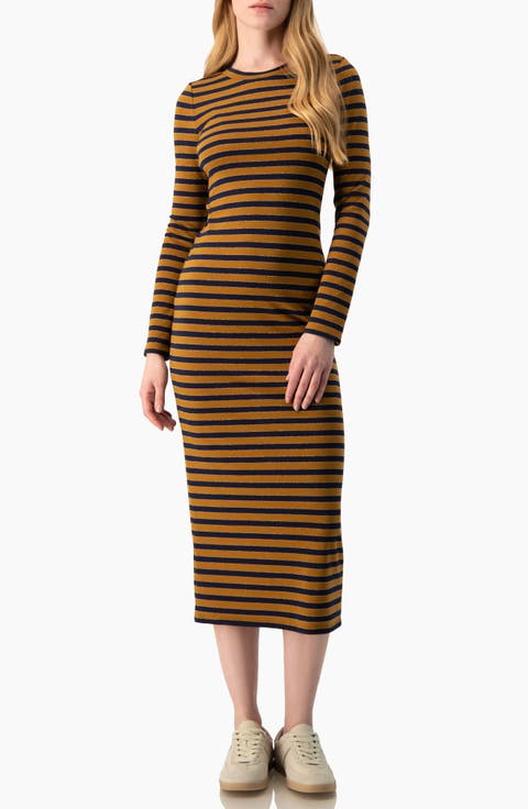Long Sleeve Striped Fit-and-Flare Dress