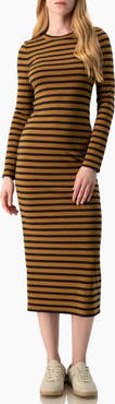 IVONNE Long Sleeve Striped Fit-and-Flare Dress