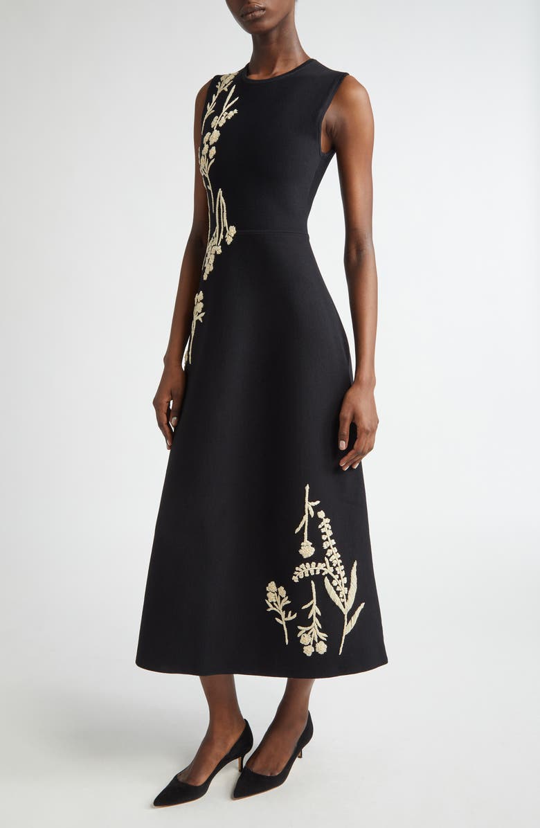 Lela Rose Hailey Floral Raffia Embroidered Knit Fit & Flare Dress, Alternate, color, Black