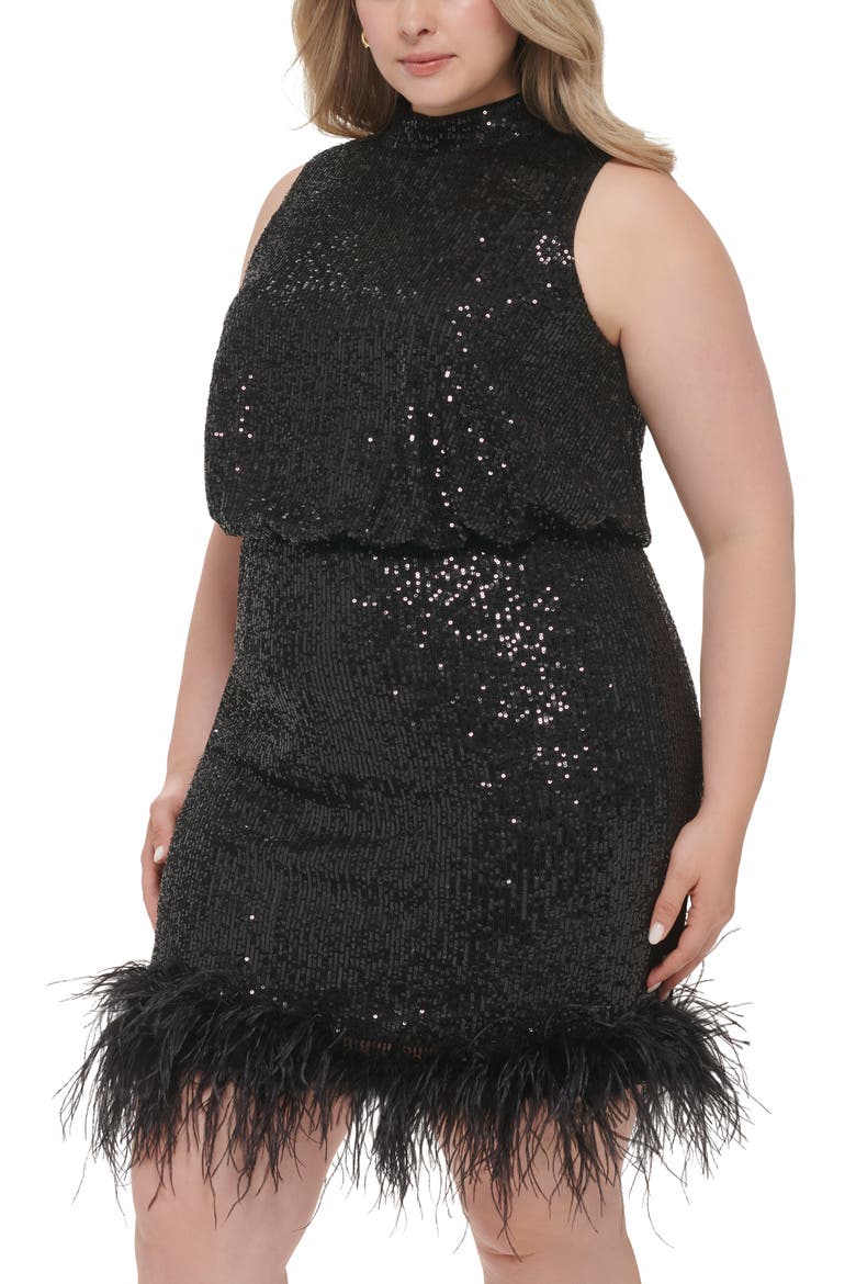 Sequin Halter Sheath Dress with Ostrich Feather Trim, Alternate, color, BLK