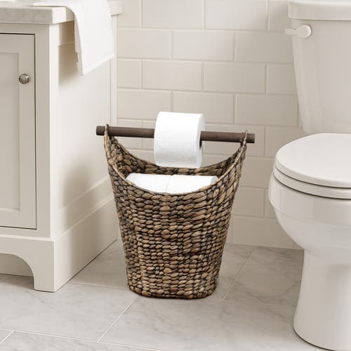 Happimess Talia Classic Coastal Hand-woven Water Hyacinth Toilet Paper Basket With Wood Bar In Brown