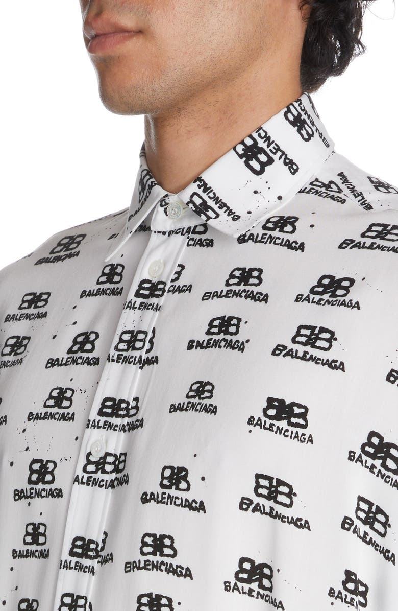 Balenciaga Oversize Hand Drawn BB Logo Button-Up Shirt, Alternate, color,