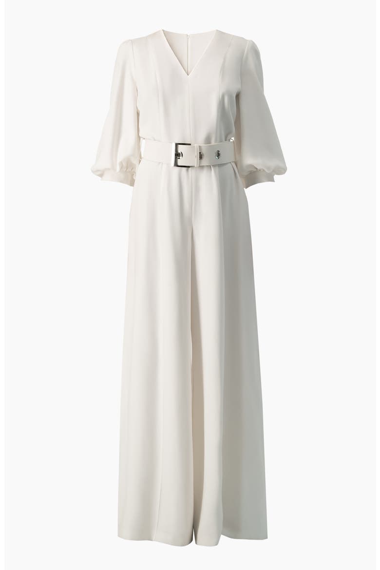 Belted V-Neck Balloon-Sleeve Wide-Leg Jumpsuit, Alternate, color, White
