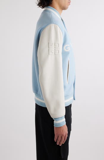 Embroidered Logo Mixed Media Leather & Wool Blend Varsity Jacket