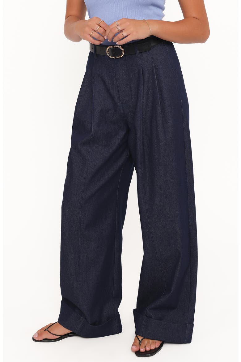 Elinor Cuffed Pleated Wide Leg Denim Pants, Alternate, color, DARK WASH