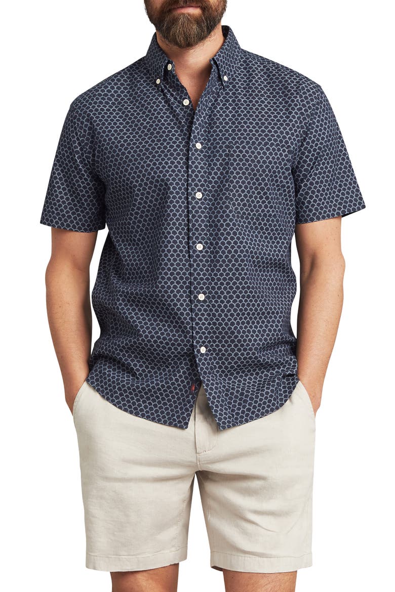 Playa Regular Fit Print Short Sleeve Button-Down Shirt, Main, color, MIDNIGHT FISHSCALE