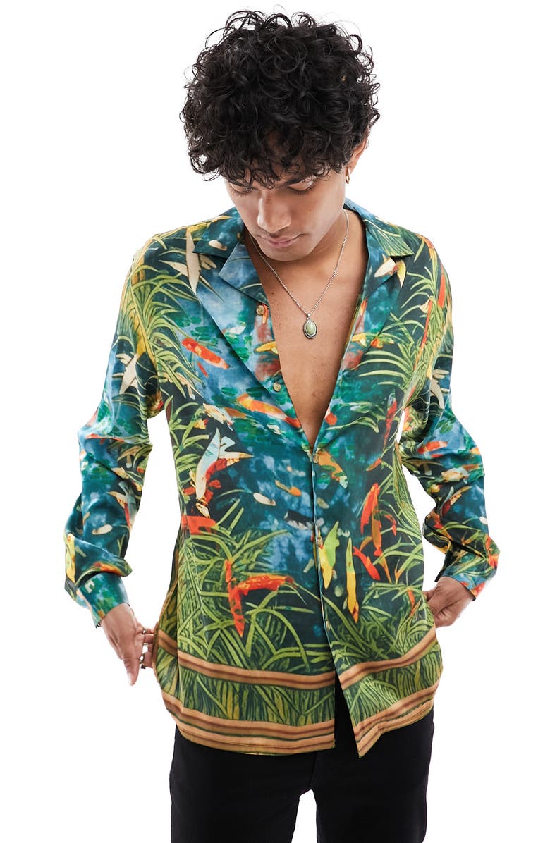 ASOS DESIGN Tropical Print Satin Button-Up Shirt, Main, color,