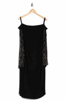 Marina Ity Ruched Long Sleeve Midi Cocktail Dress