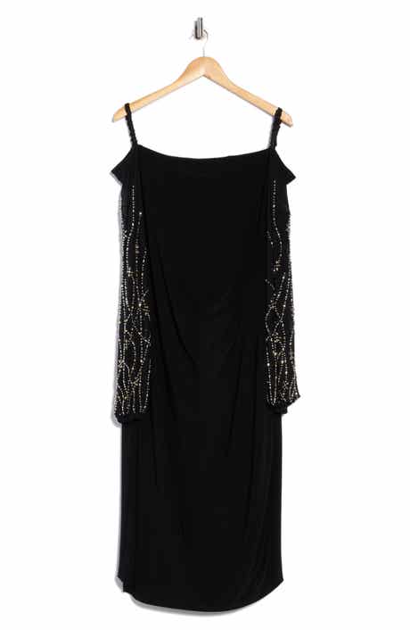 Marina Ity Ruched Long Sleeve Midi Cocktail Dress