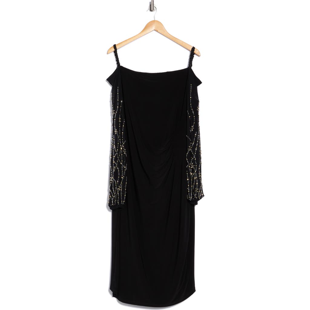 Marina Ity Ruched Long Sleeve Midi Cocktail Dress In Black