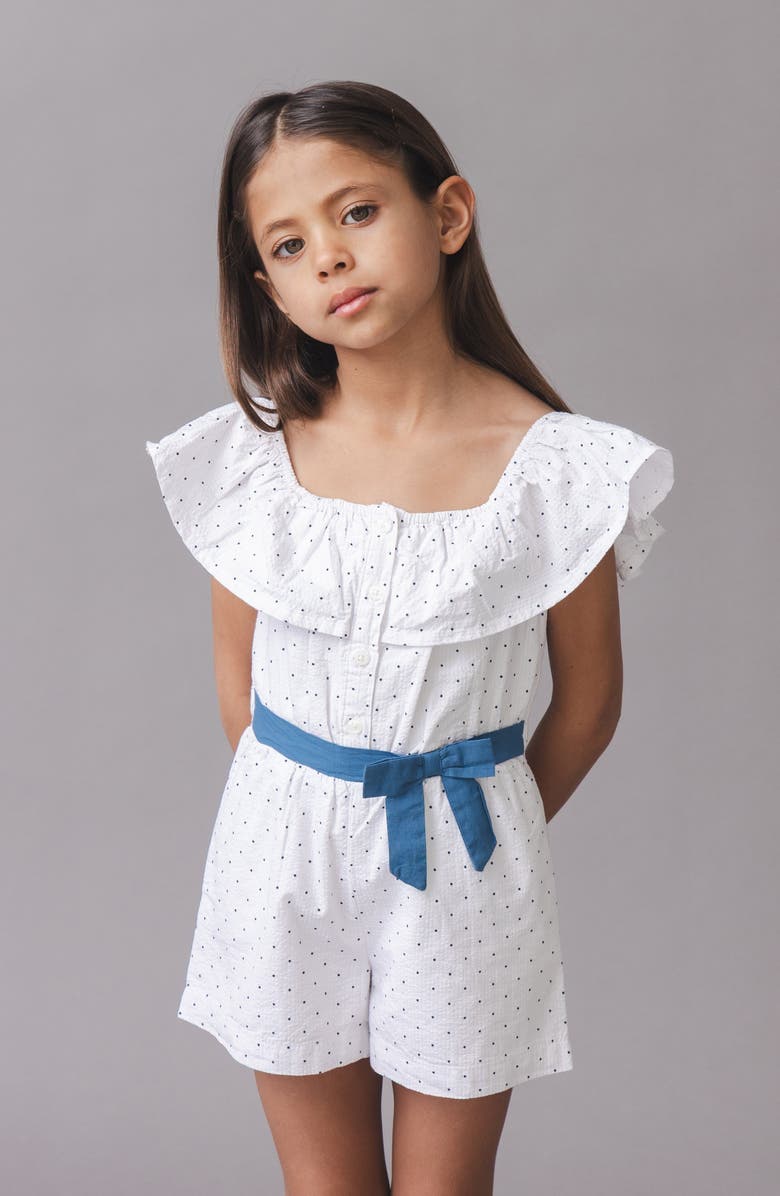 Hope & Henry Kids' Organic Ruffle Collar Button Front Seersucker Romper, Alternate, color, Delft Dot Seersucker