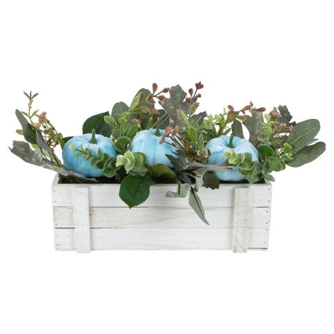 Fall Harvest Foliage and Pumpkins In Wooden Planter - 18" - Blue