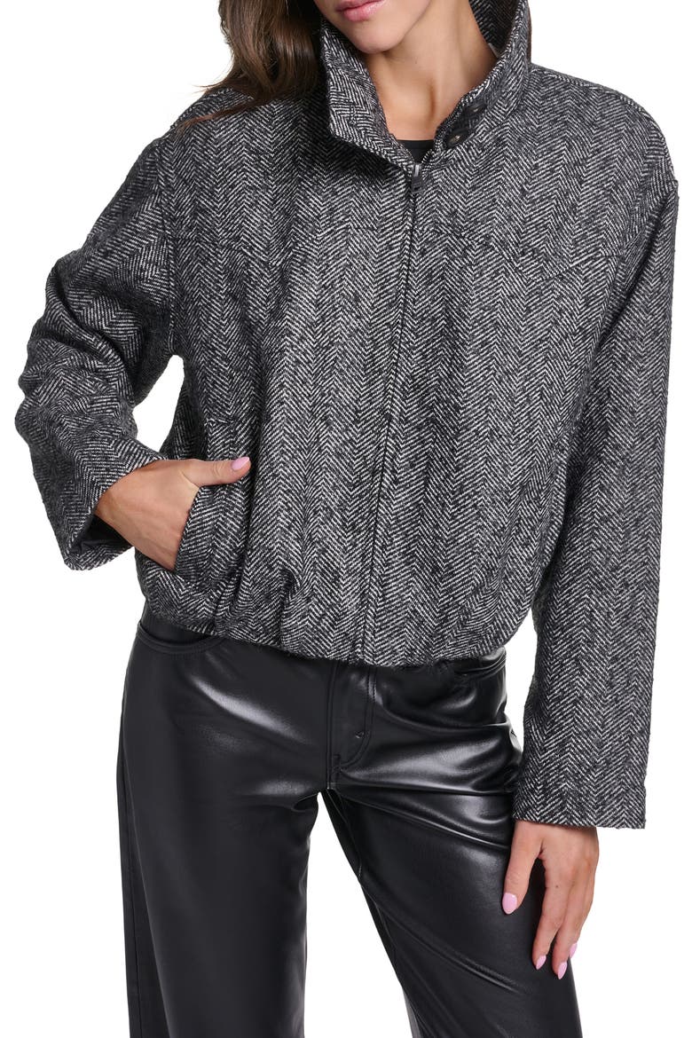 Bubble Hem Short Bomber Jacket, Main, color, BLACK/ WHITE HERRINGBONE