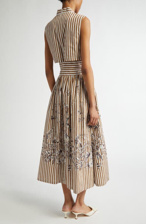 Lela Rose Floral Stripe V-neck Cotton Dress In Walnut