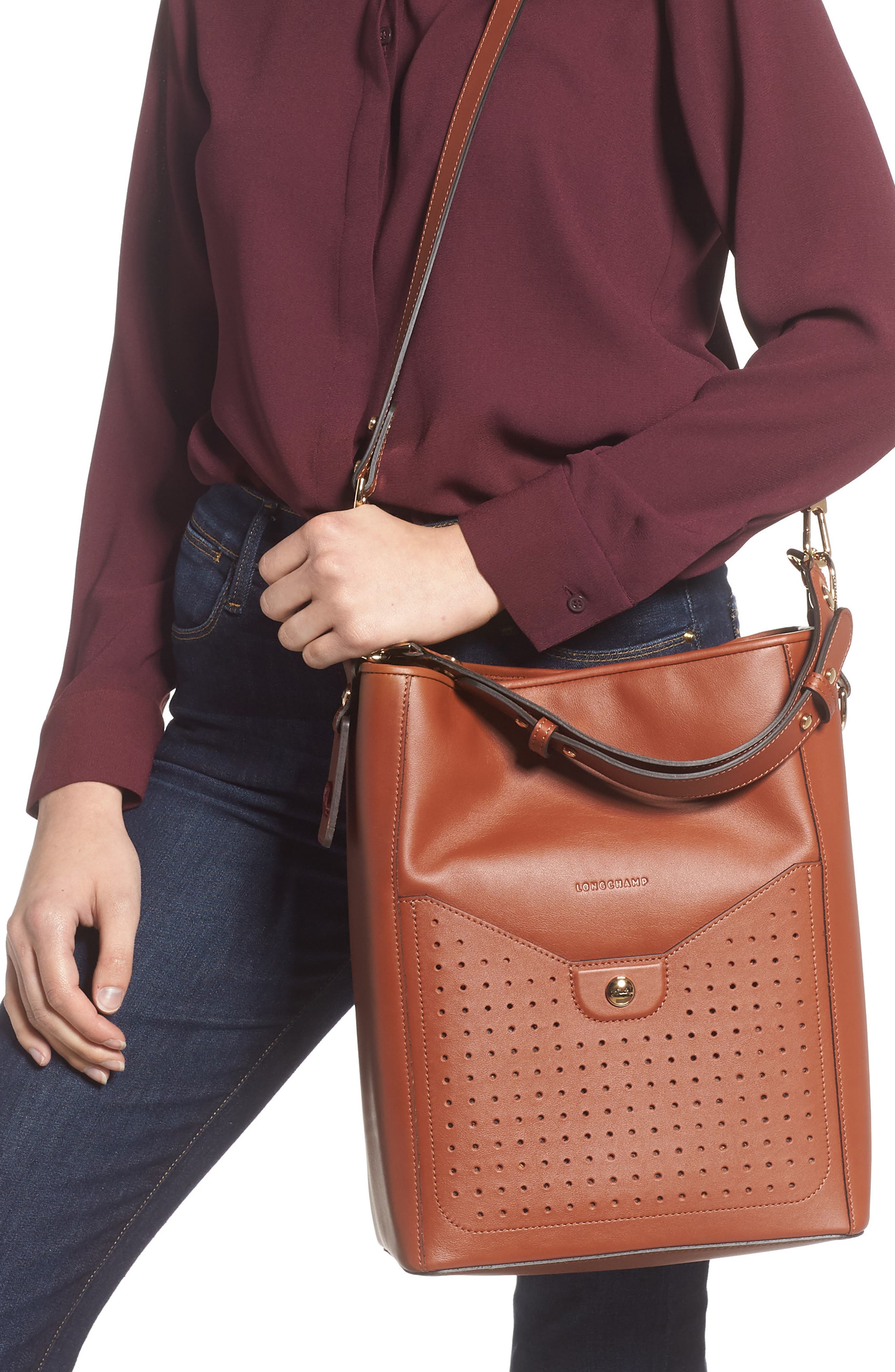 Mademoiselle Perforated Calfskin Leather Bucket Bag, Alternate, color, COGNAC