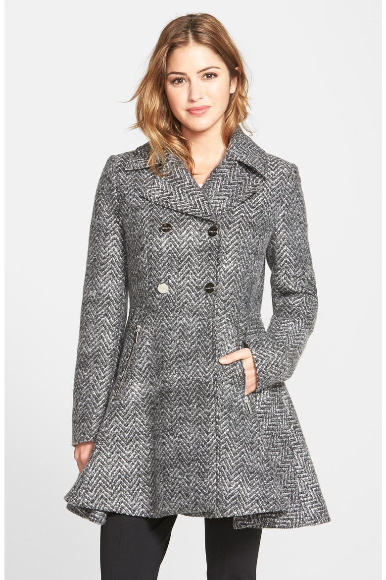 Chevron Twill Double Breasted Skirted Coat, Main, color, GREY/ BLACK