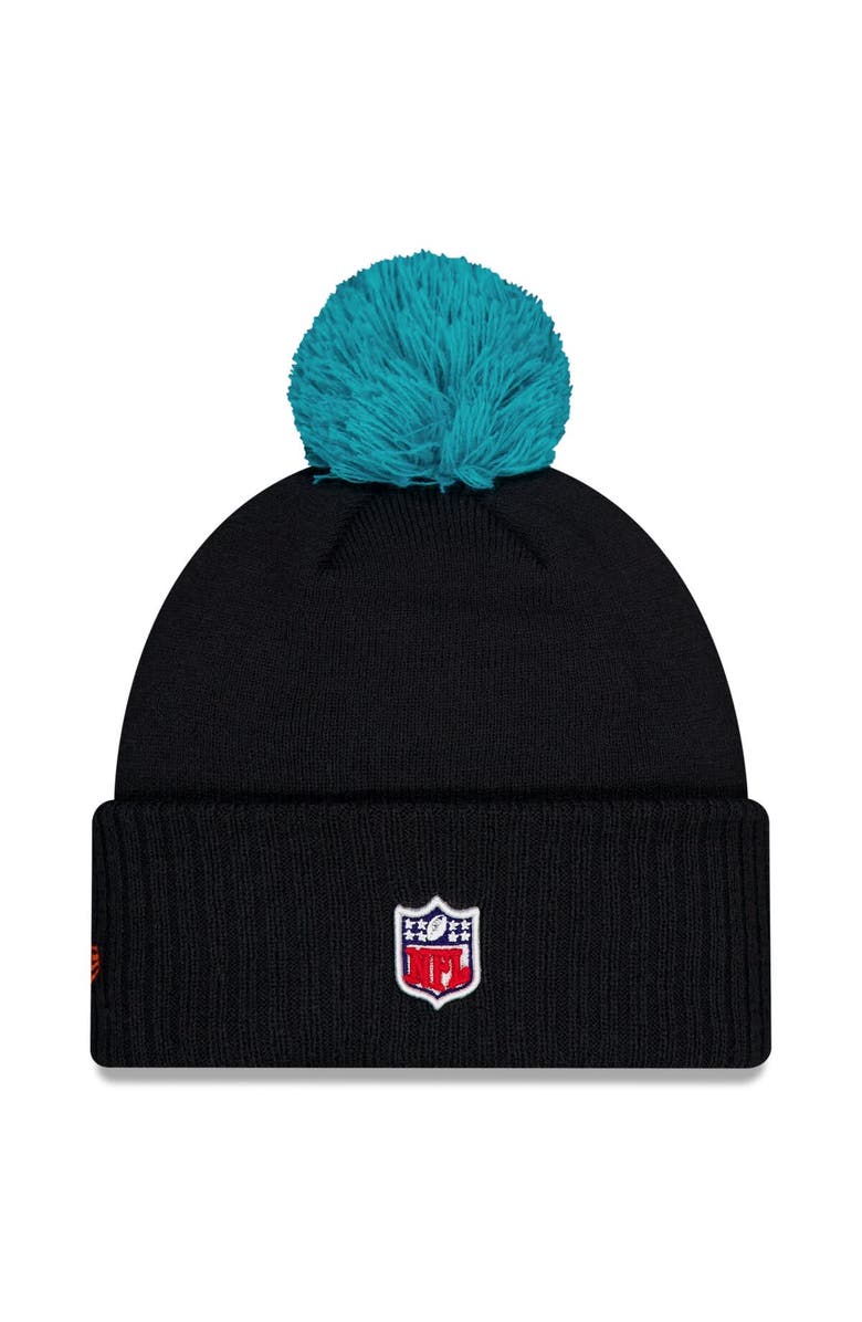 New Era Men's New Era Pitch Blue Miami Dolphins 2025 Rivalries Collection Sideline Cuffed Knit Hat with Pom, Alternate, color, Navy
