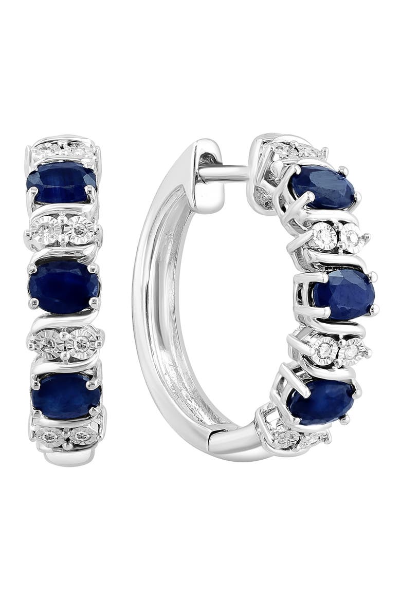 Sterling Silver Sapphire & Diamond Hoop Earrings, Main, color, BLUE