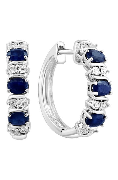 Sterling Silver Sapphire & Diamond Hoop Earrings