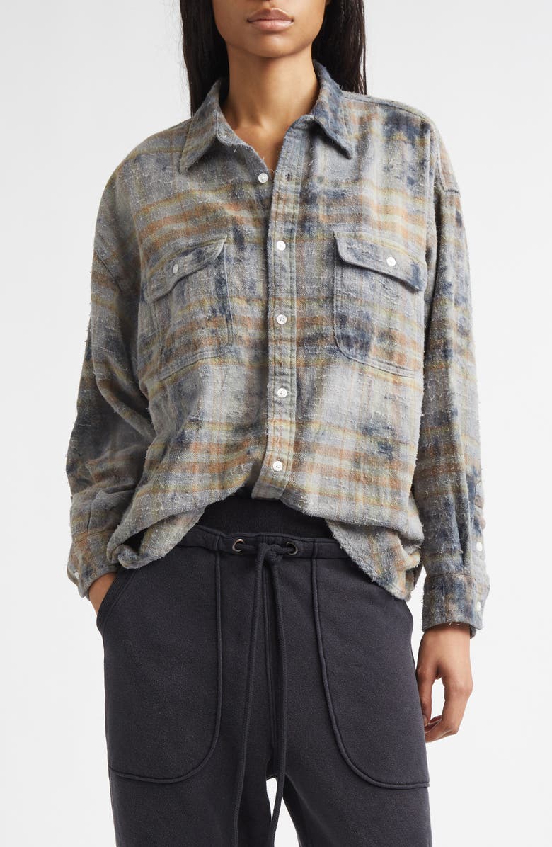 R13 Plaid Cotton Button-Up Boyfriend Shirt, Main, color, Overdyed Light Blue Plaid
