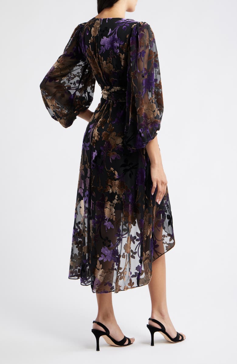 Eliza J Floral Burnout Velvet Puff Sleeve Midi Dress, Alternate, color, Black Plum