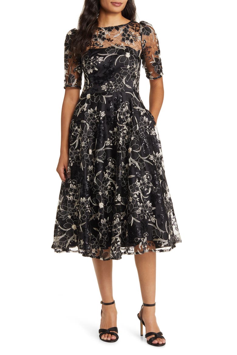 lace fit & flare cocktail dress eliza j Sequin Floral Embroidery Fit & Flare Cocktail Midi Dress (Women)