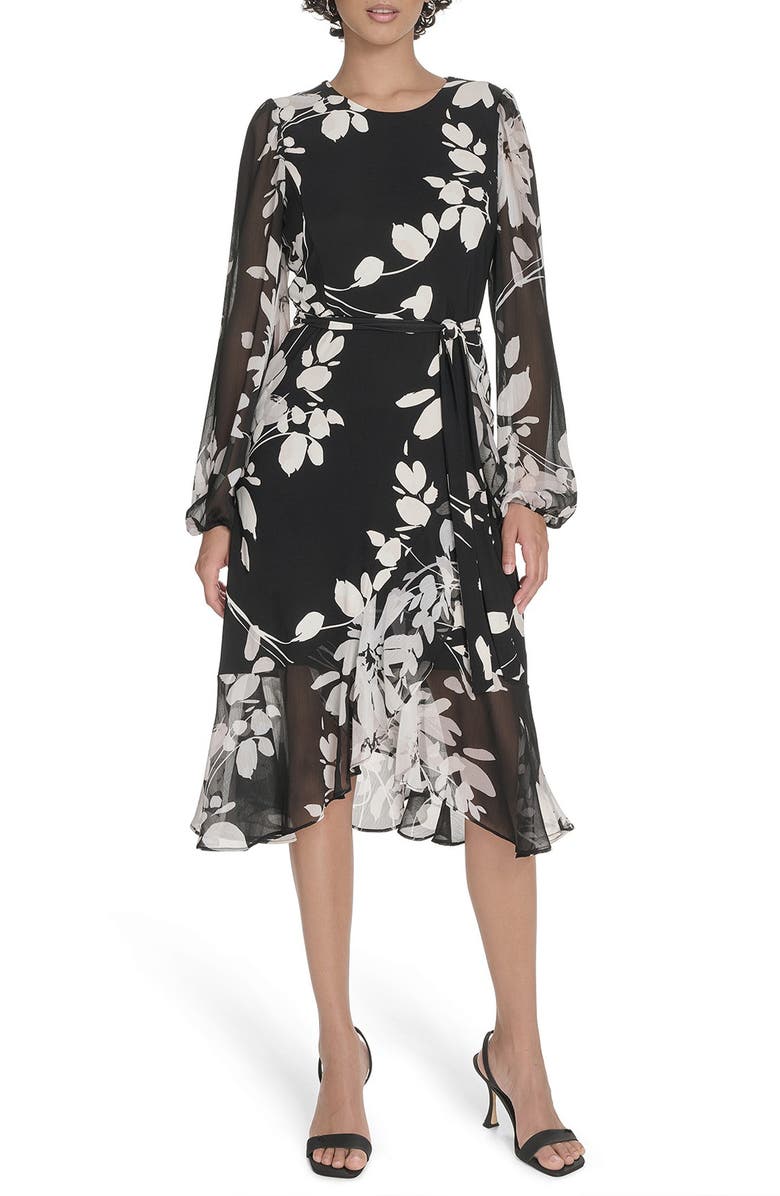 Tommy Hilfiger Floral Long Sleeve Ruffle Mixed Media Midi Dress, Main, color, Ivory Multi