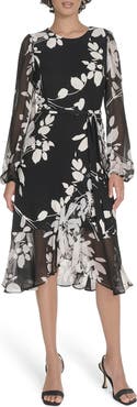 Tommy Hilfiger Floral Long Sleeve Ruffle Mixed Media Midi Dress