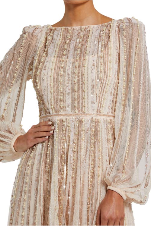 Mac Duggal Boat Neck Long Sleeve Gown With Striped Beading In Peach