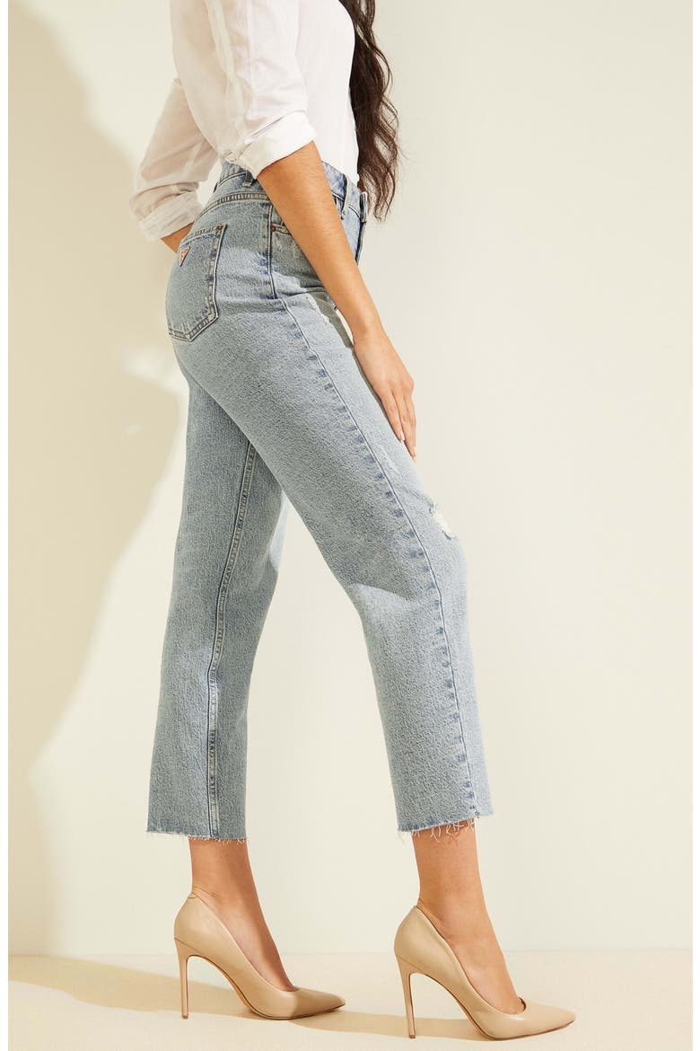 Distressed Raw Hem Ankle Mom Jeans, Alternate, color, MOONSTONE BLUE