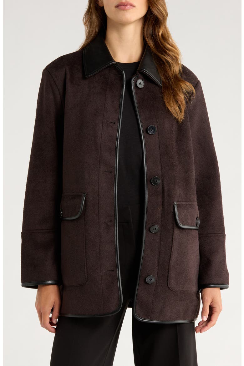 Button Front Coat with Faux Leather Trim, Main, color, SEAL BROWN / BLACK