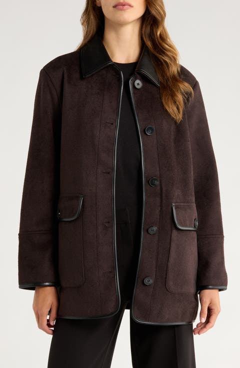Button Front Coat with Faux Leather Trim