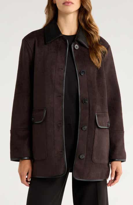Bernardo Button Front Coat with Faux Leather Trim