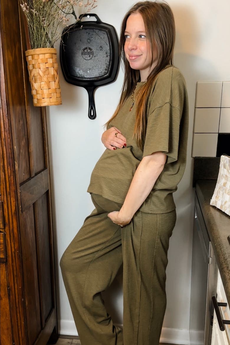 Textured Knit Oversized Tee And Pants Set, Alternate, color, Olive Green