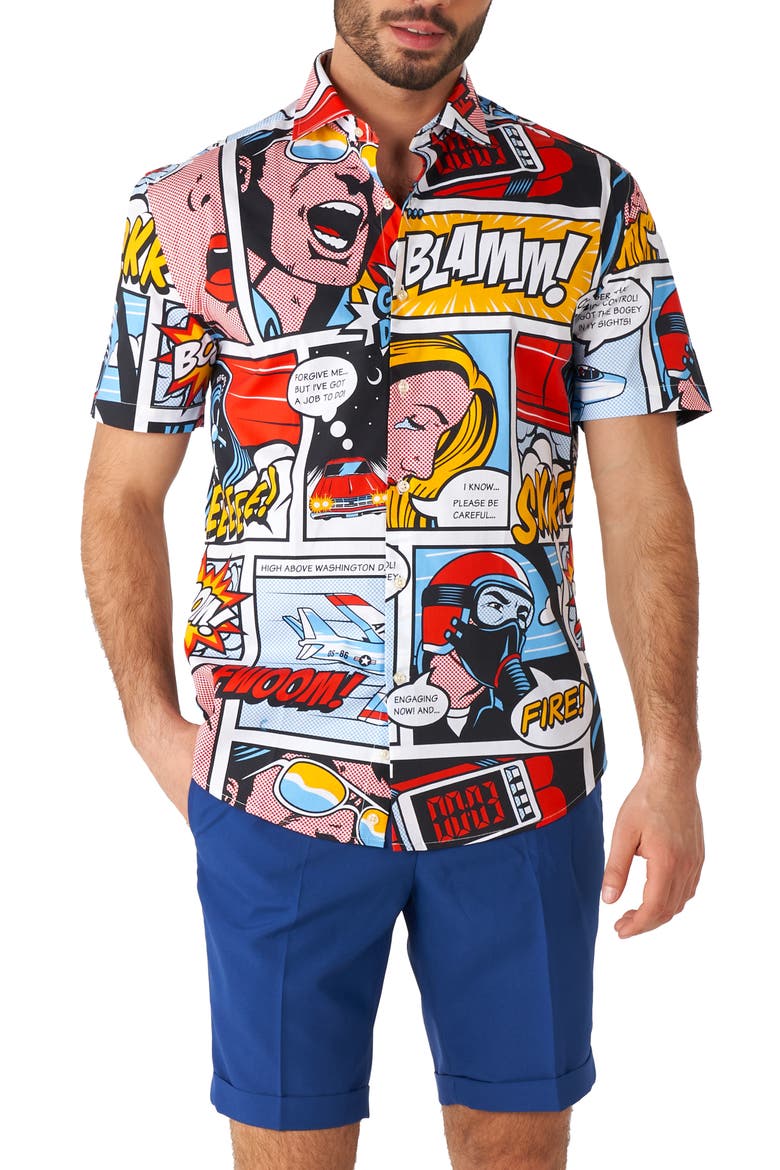 Danger Days Stretch Short Sleeve Button-Up Shirt, Main, color, RED/ BLUE MULTI