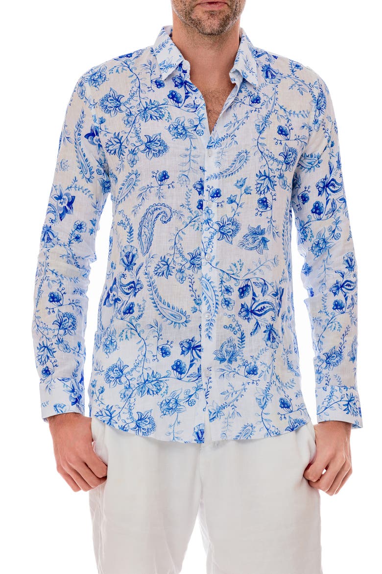 Chinoiserie Linen Button-Up Shirt, Alternate, color, WHITE