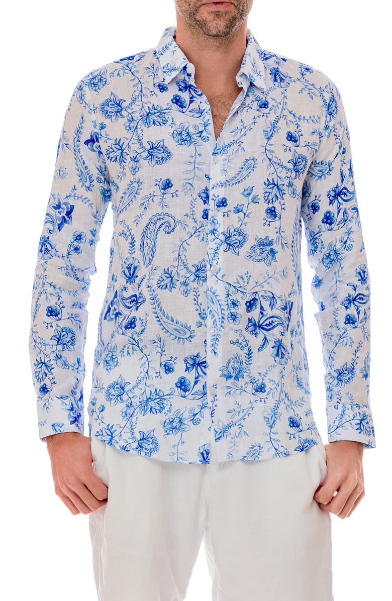 RANEES Chinoiserie Linen Button-Up Shirt, Alternate, color,