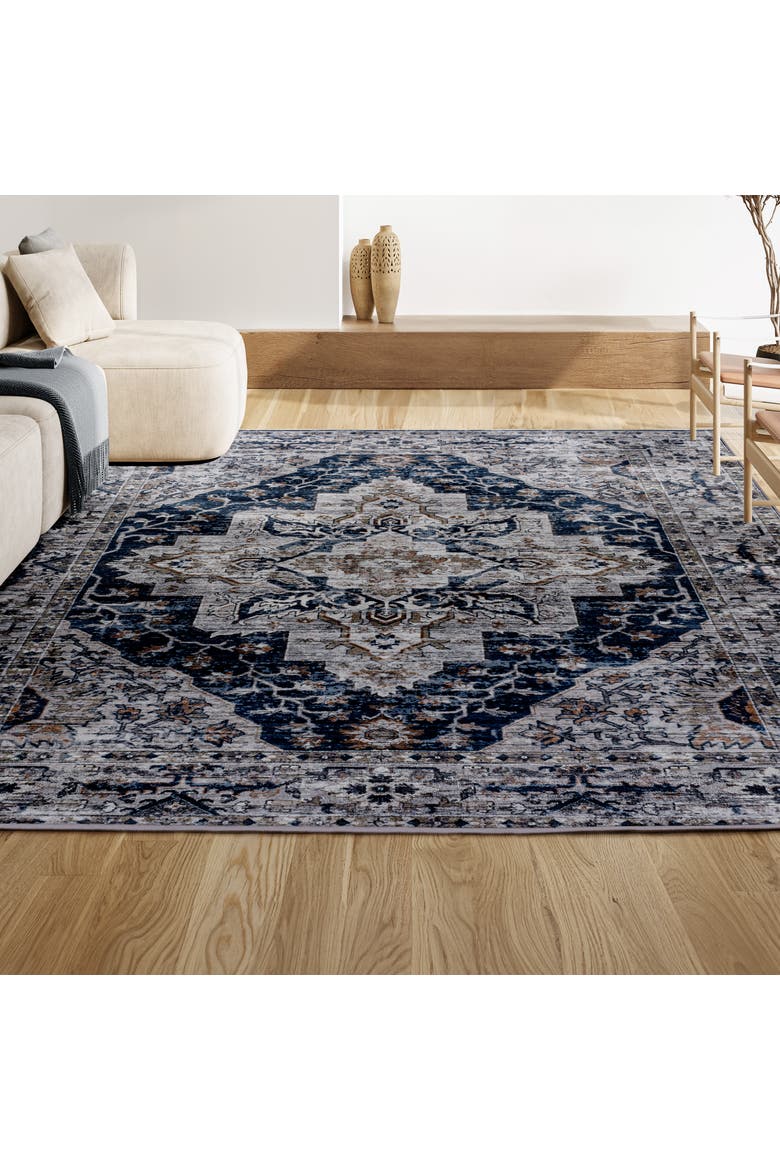 Didim Boho Gray Medallion Machine-Washable Area Rug, Alternate, color, Navy/Light Gray