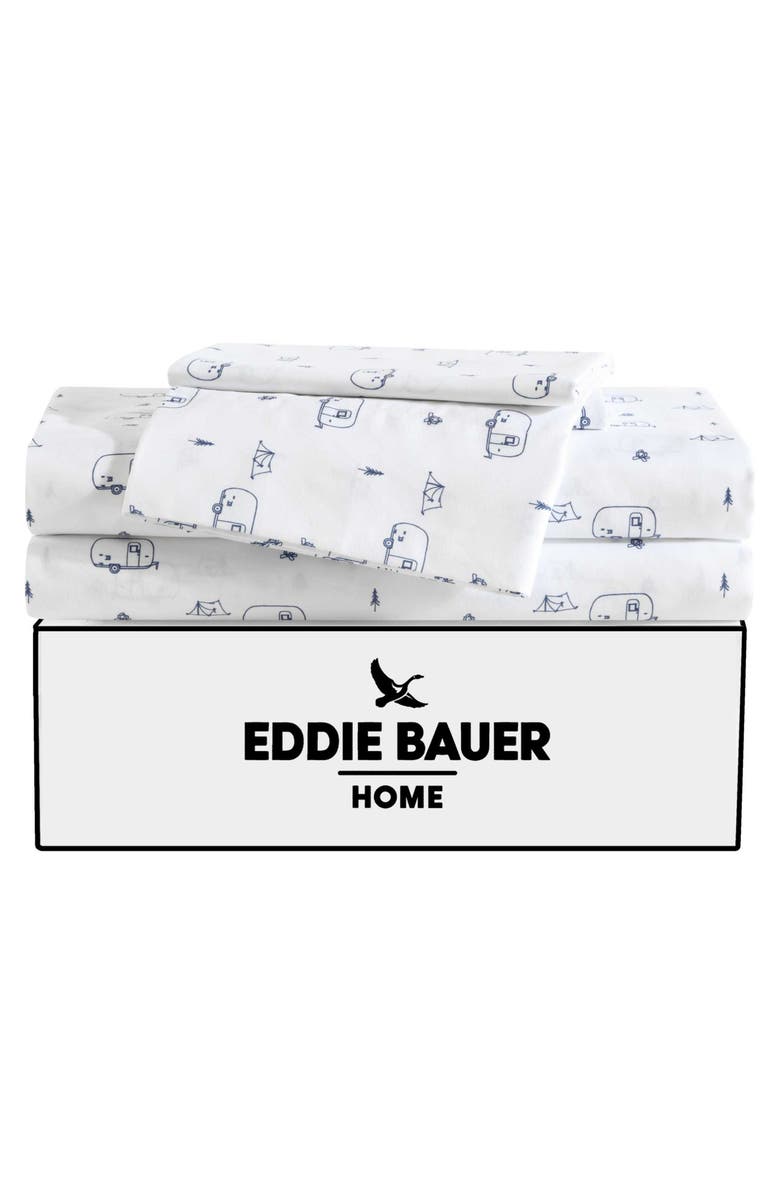 Eddie Bauer Travel Trailer Microfiber Sheet Set, Alternate, color, White/ Blue