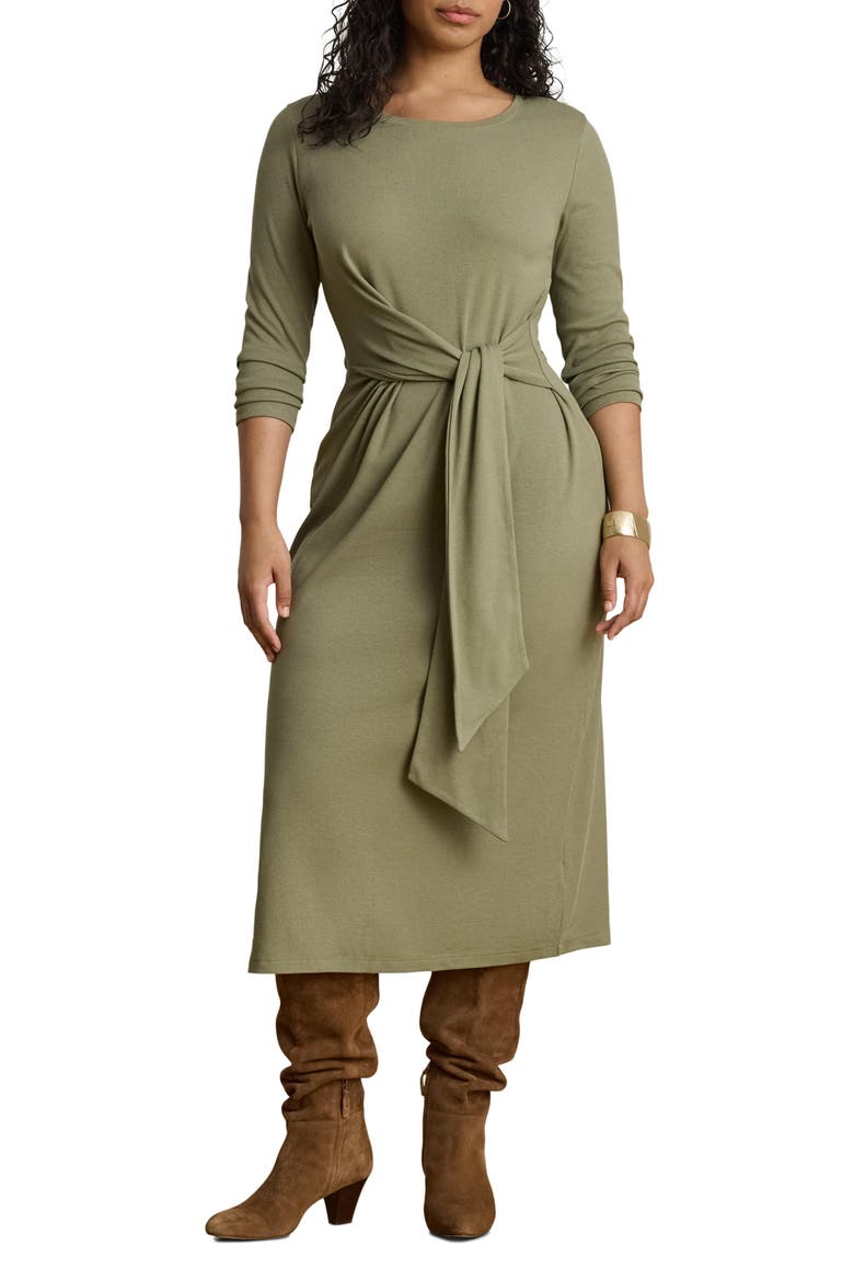 Long Sleeve Tie Waist Midi Dress, Alternate, color, LIGHT AGAVE GREEN