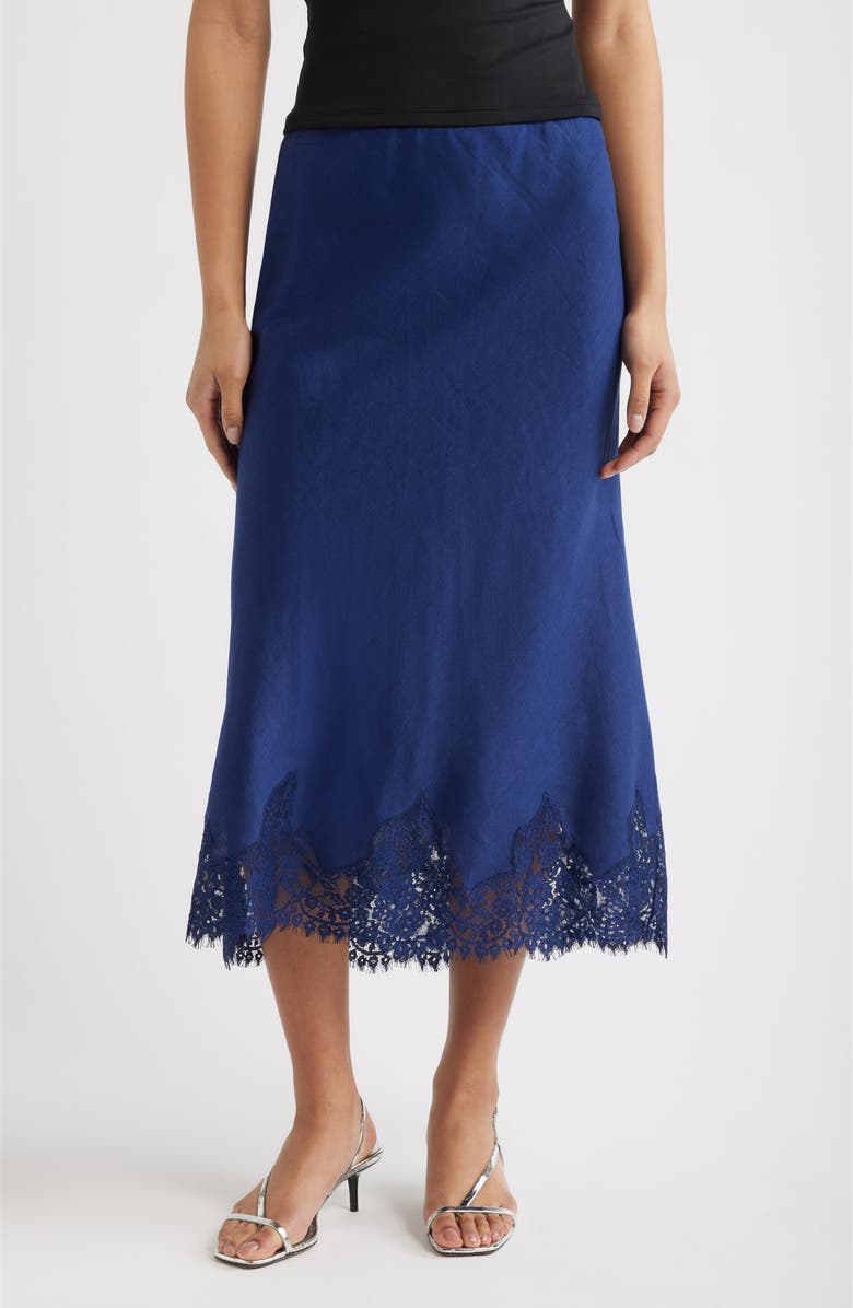 Reformation Carolina Lace Trim Linen Midi Skirt, Main, color, Danube